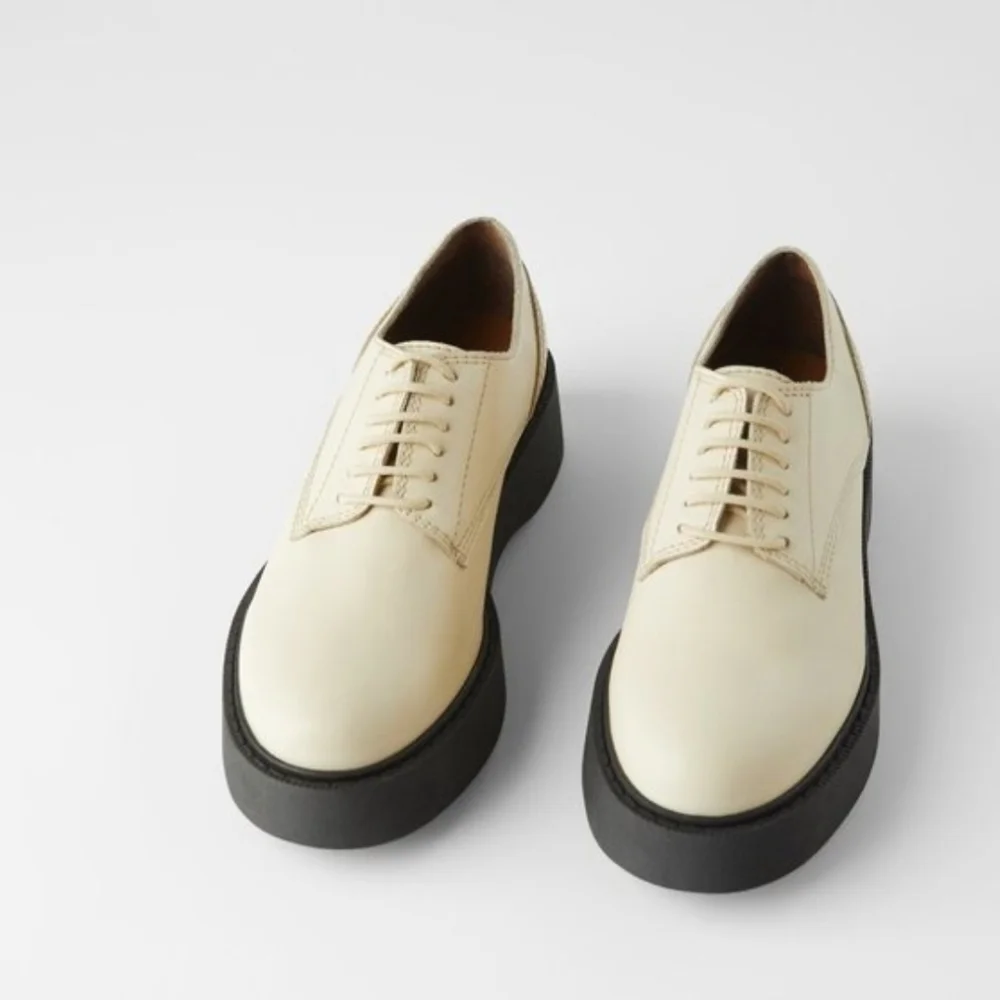 Zara Leather Lace Up Derby Shoes Off White New Size EU38 US 7 - Picture 2 of 6